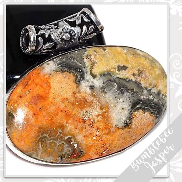 Bumblebee Jasper Large Silver Floral Artisan Pendant, 1.5” (Orange, Gold, Black) - Picture 2 of 2